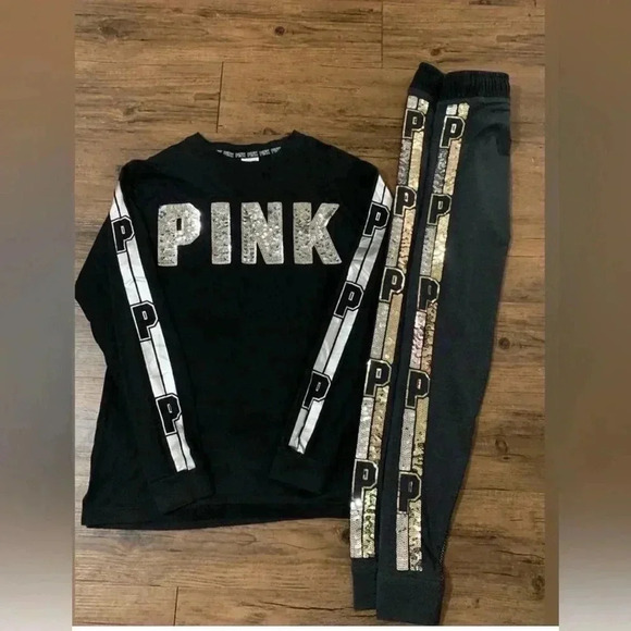 PINK VS BLING TSHIRT / SEQUIN JOGGER LEGGINGS  P OUTFIT - Picture 2 of 12